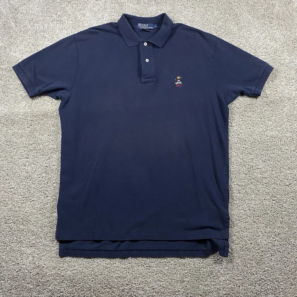 Polo Ralph Lauren Baby Bear Shirt Mens Large Knit‎ Blue Logo Collar Embroidered